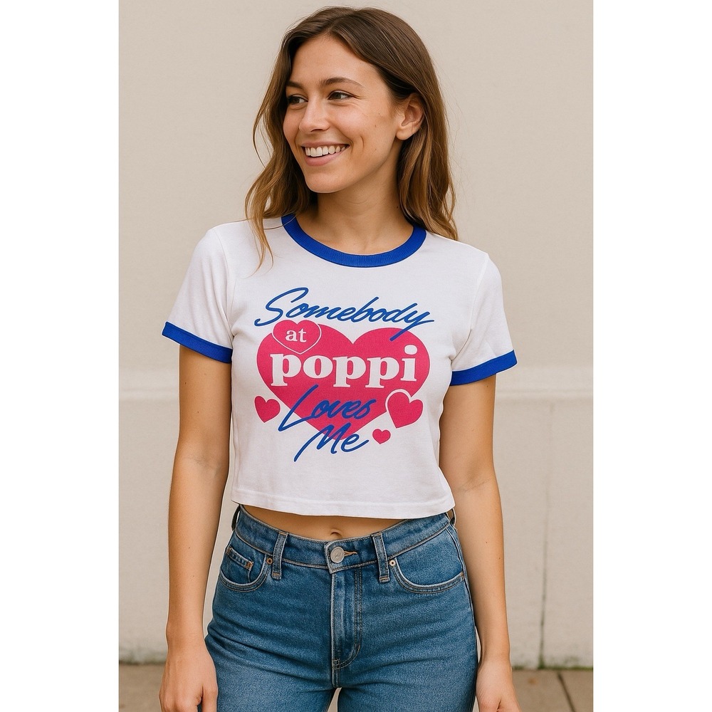 Poppi Ringer Tee Women L White Pink Heart Graphic Y2K‎ Retro Crop Festival